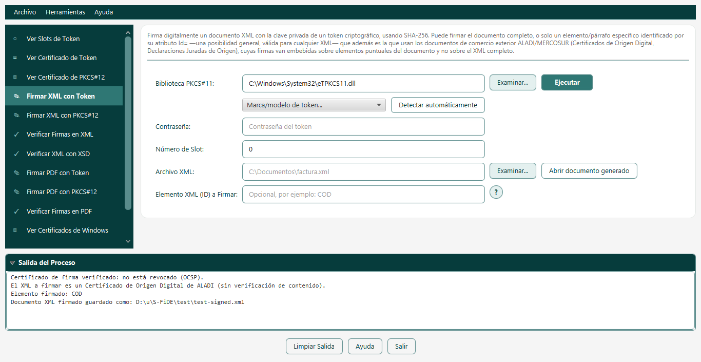 Pantalla Firmar XML con Token