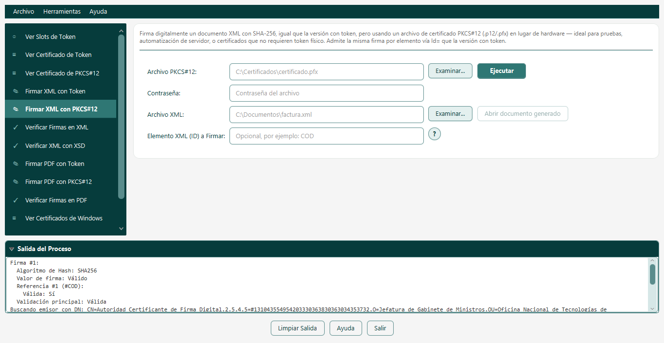 Pantalla Firmar XML con PKCS#12