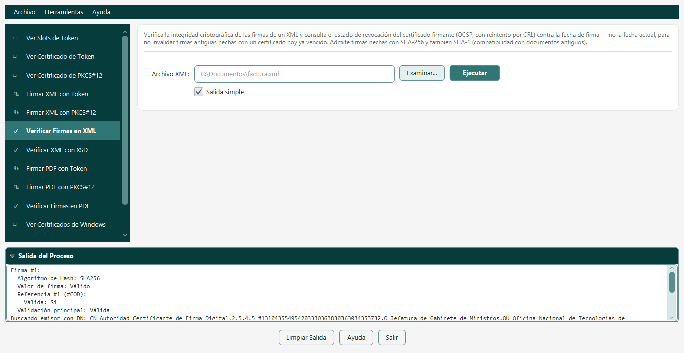 Pantalla Verificar Firmas en XML