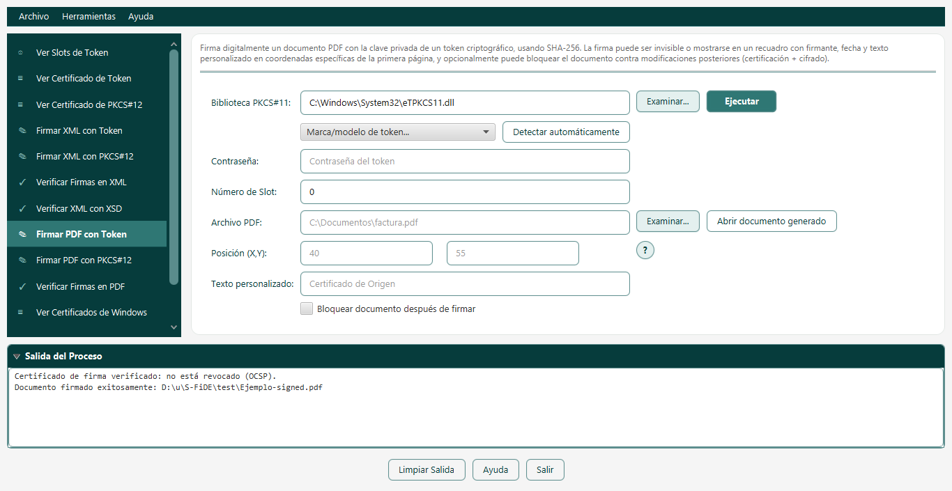 Pantalla Firmar PDF con Token