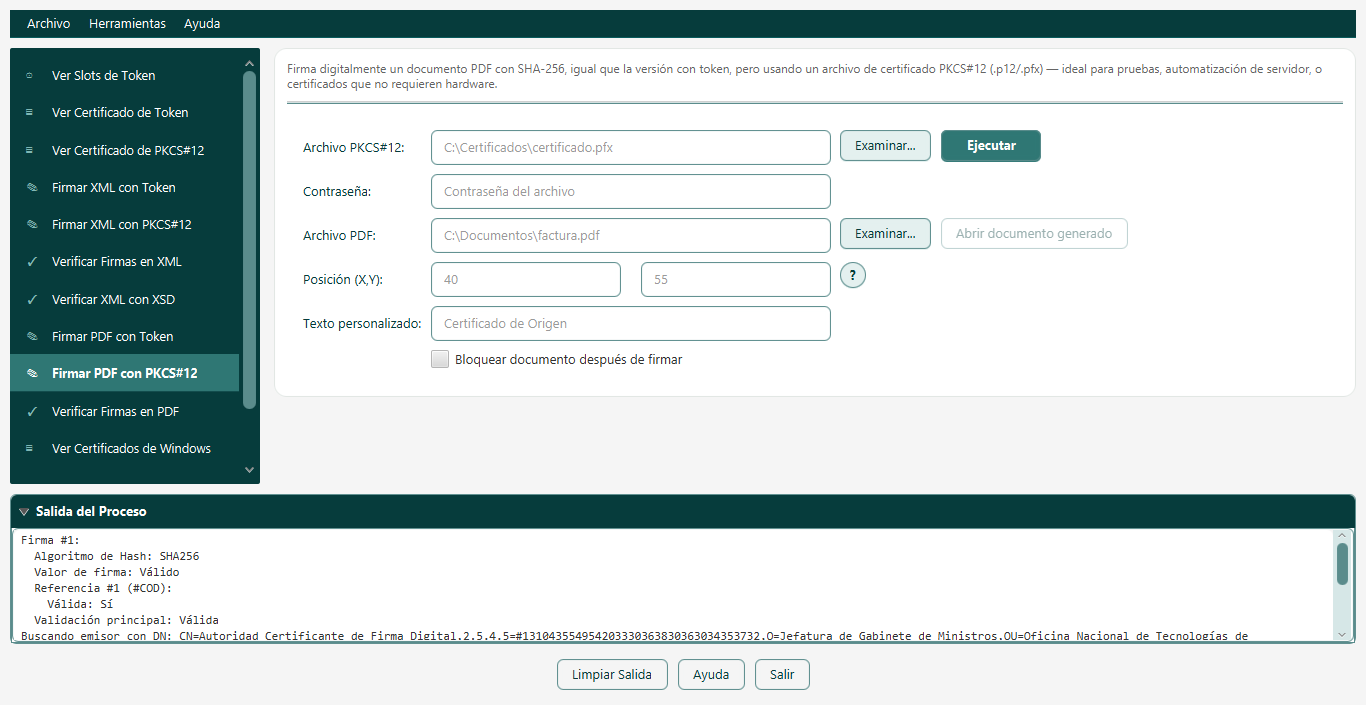 Pantalla Firmar PDF con PKCS#12
