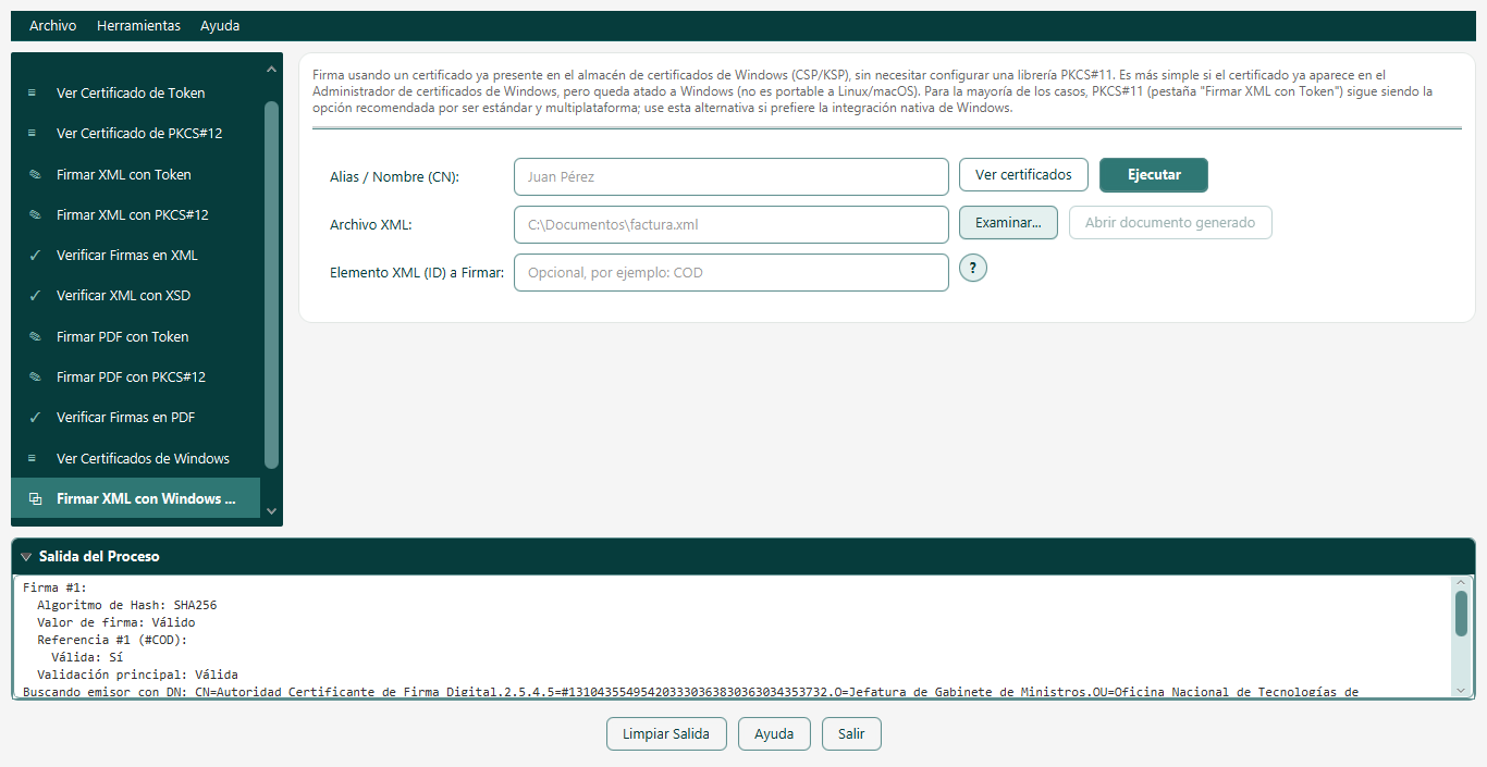 Pantalla Firmar XML con Windows CSP/KSP
