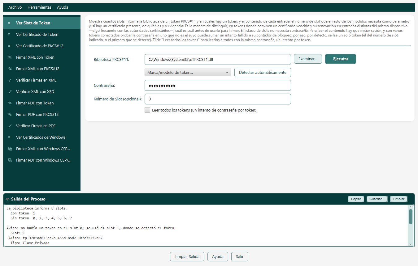 Ver Slots de Token mostrando un certificado con Estado VENCIDO