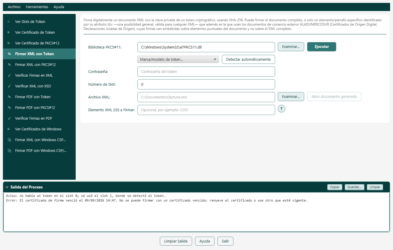 Firmar XML con Token con un certificado vencido: el programa se niega a firmar y explica cuándo venció