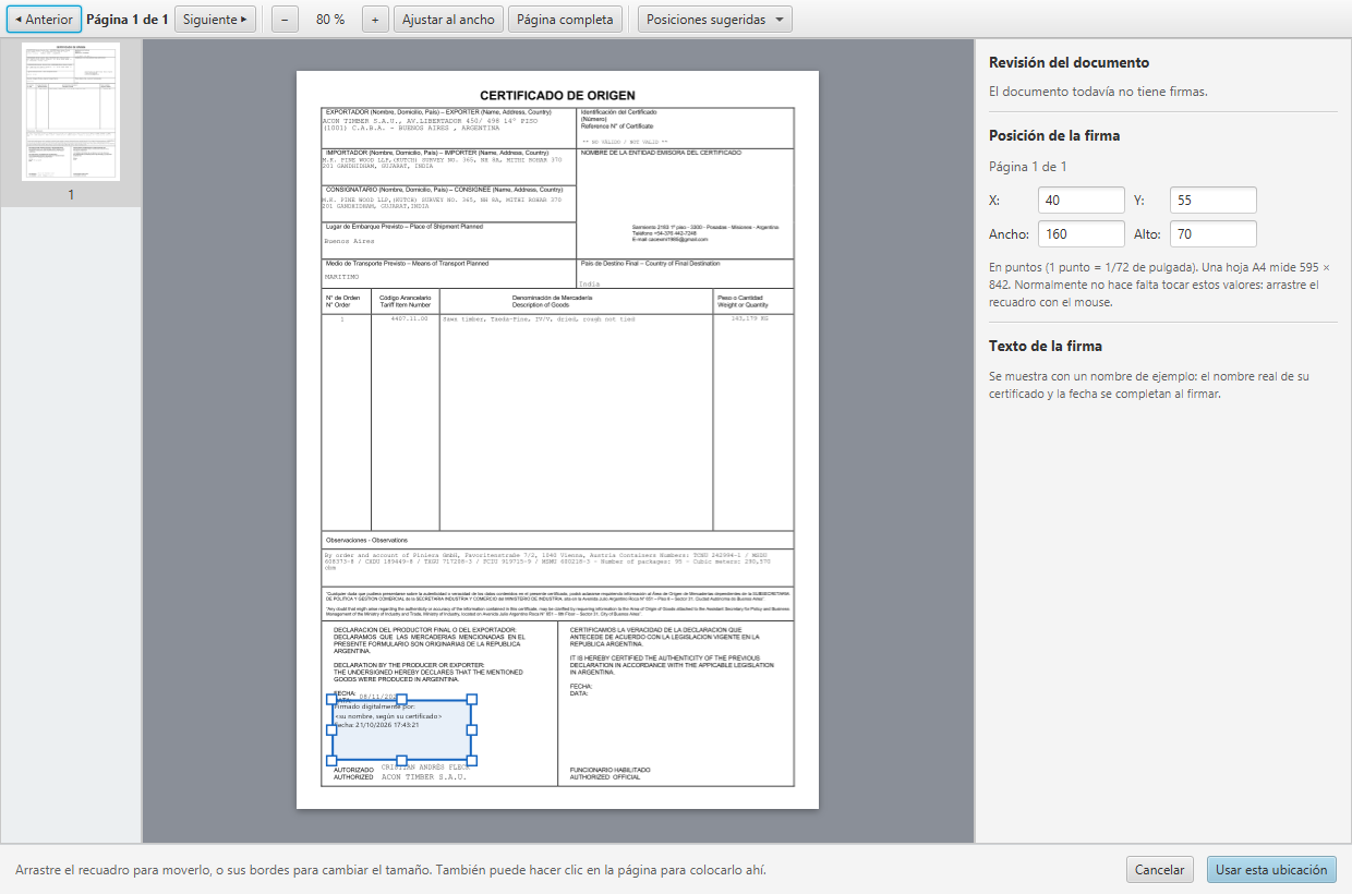 Ventana Ubicar la firma en el documento, con el PDF, el recuadro de la firma y la revisión del documento