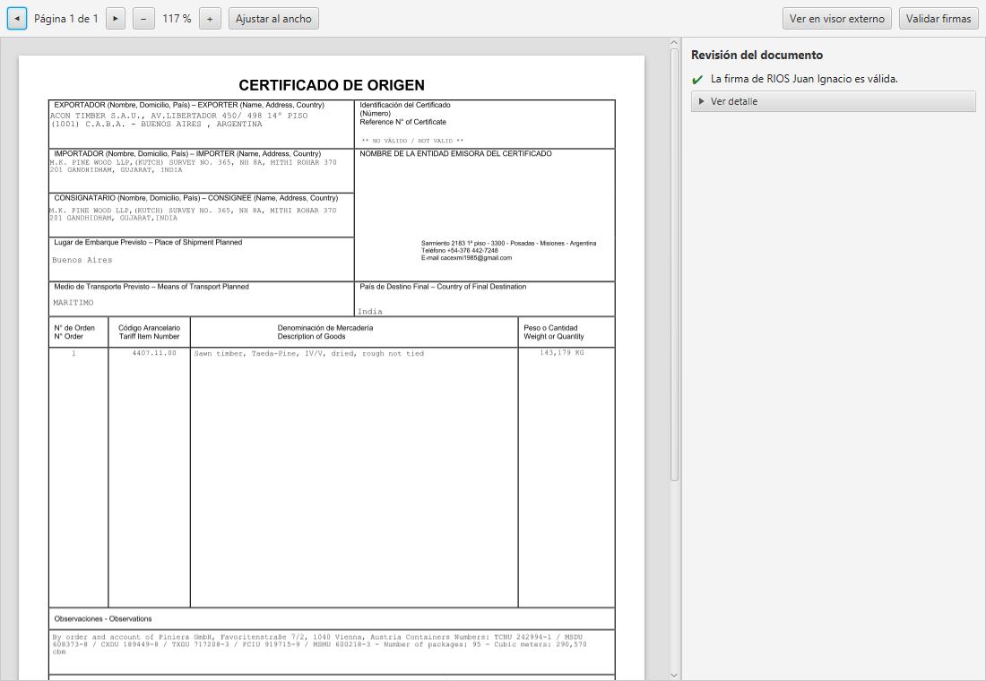 Visor interno de PDF, con la revisión de las firmas al costado