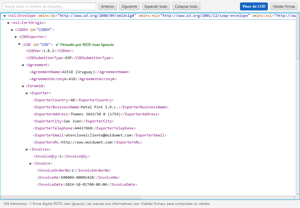 Visor interno de XML, con colores y las firmas marcadas